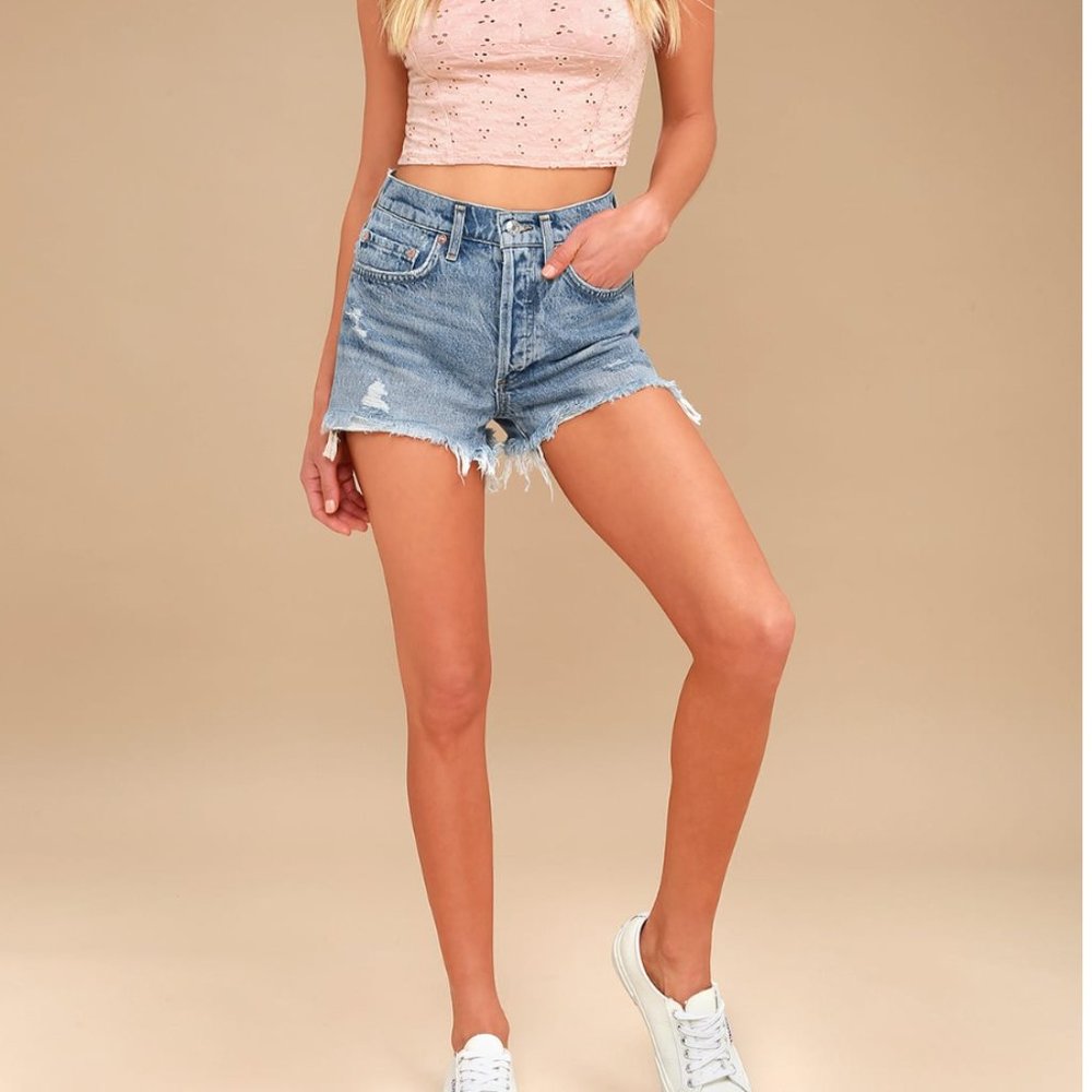 Brand New AGOLDE Parker Light Wash Distressed High-Waisted Shorts Size 28